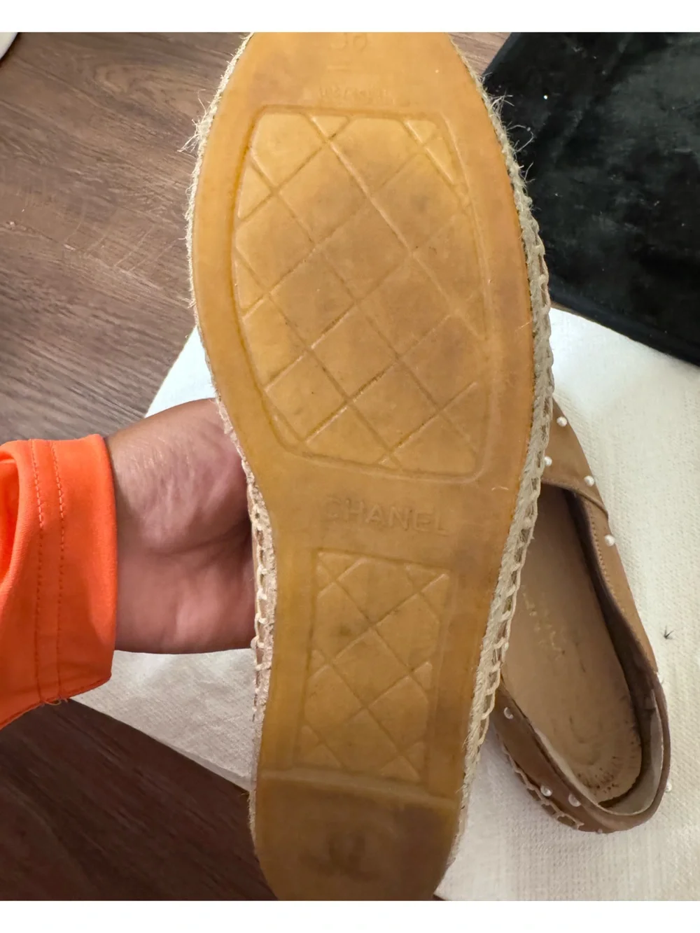AUTHENTIC CHANEL Tan Suede Pearl-Embellished Flats